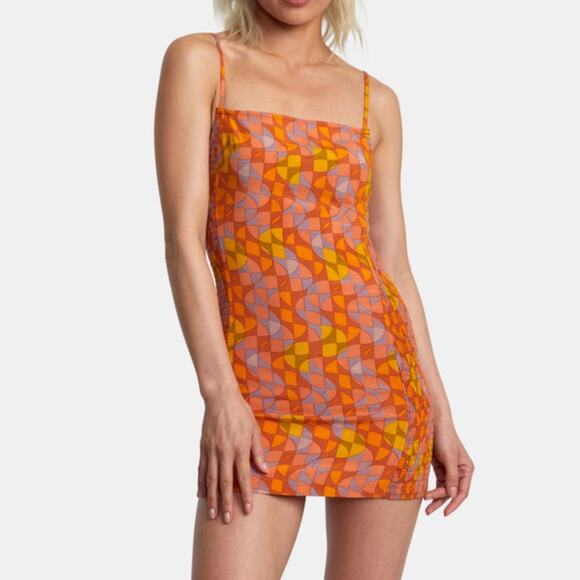 RVCA Orange Printed Retro Smocked Mini Tank Dress Sundress Size XL - Picture 1 of 6